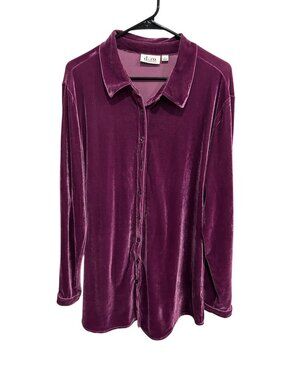 Denim & Co. Essentials Velvet Long Sleeve Button Front Shirt Purple Sz Large